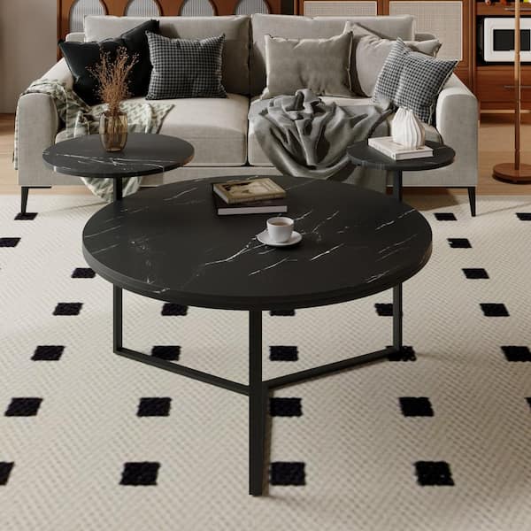 Harper & Bright Designs 31.5 in. Matte Black Round MDF Top Coffee Table with Faux Marble Decorations, 2-Display Shelves, Tripod Metal Base