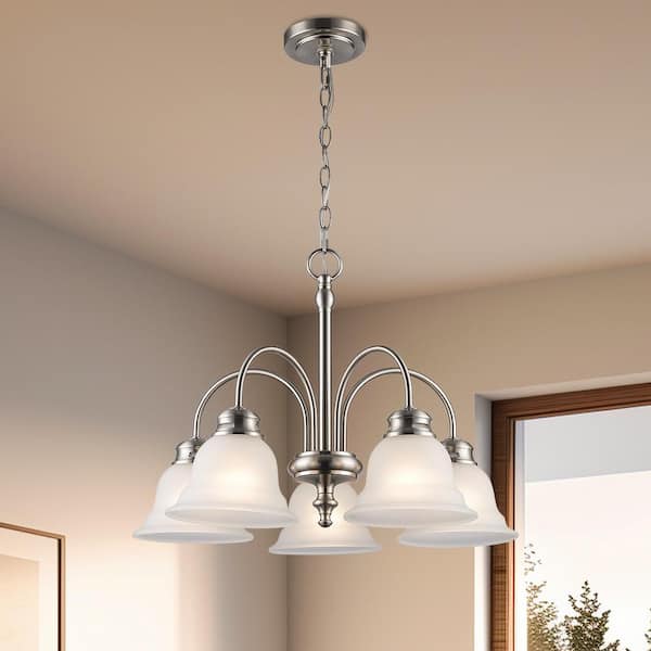 5-Light Brushed Nickel Down-Light Chandelier Light Fixture with Frosted Glass Bell Shaped Shades