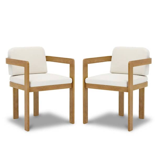 Modern Upholstered Solid Wood-Grain Finish Outdoor Dinner Chair, Natural plus Beige Cushion, (Set of 2)