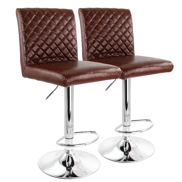 Elama 24 in. Cherry High Back Tufted Faux Leather Adjustable Bar Stool with Chrome Base (Set of 2)