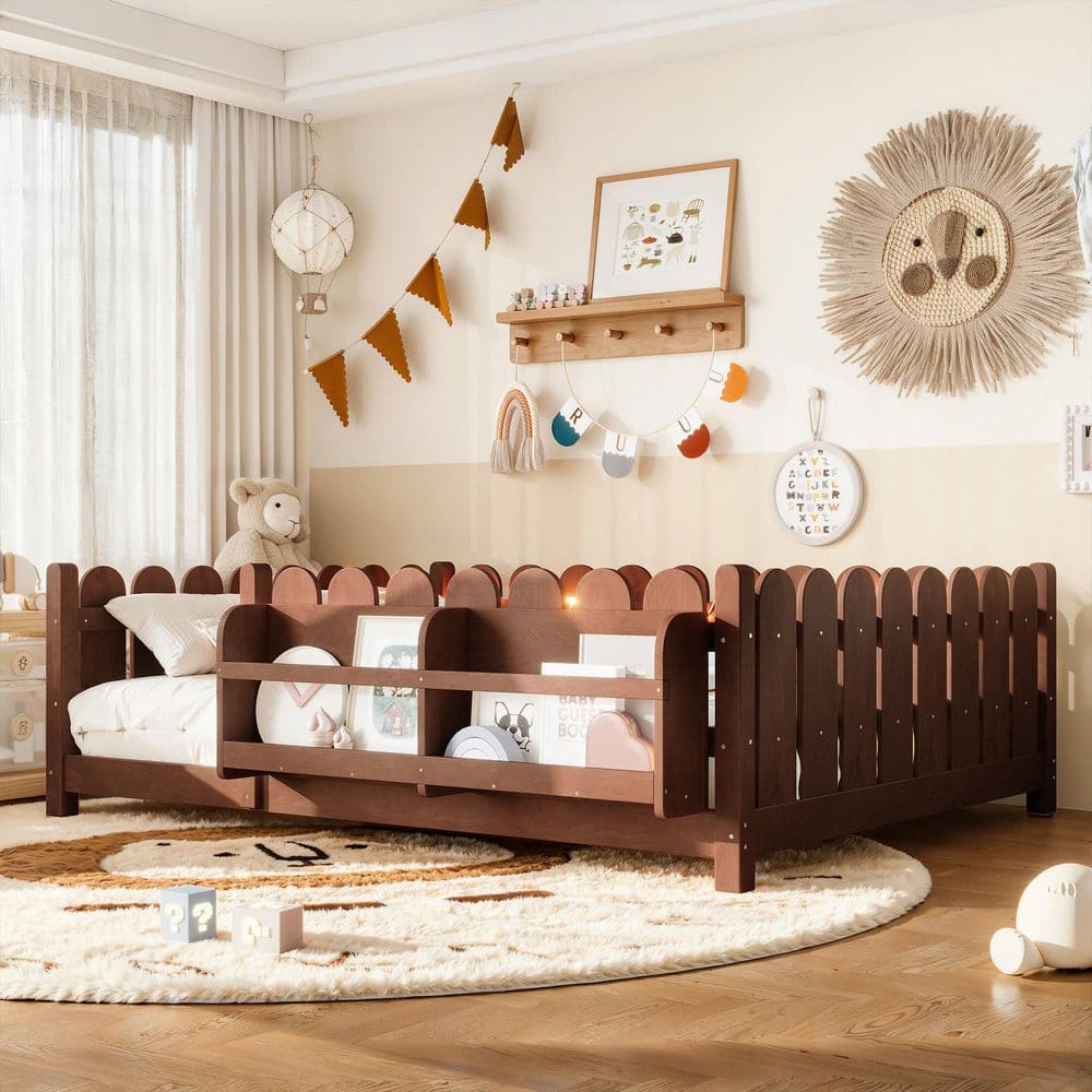 Antique Natural Full Size Montessori Floor Bed with Fence Guardrails, LED Lights and Bookshelf