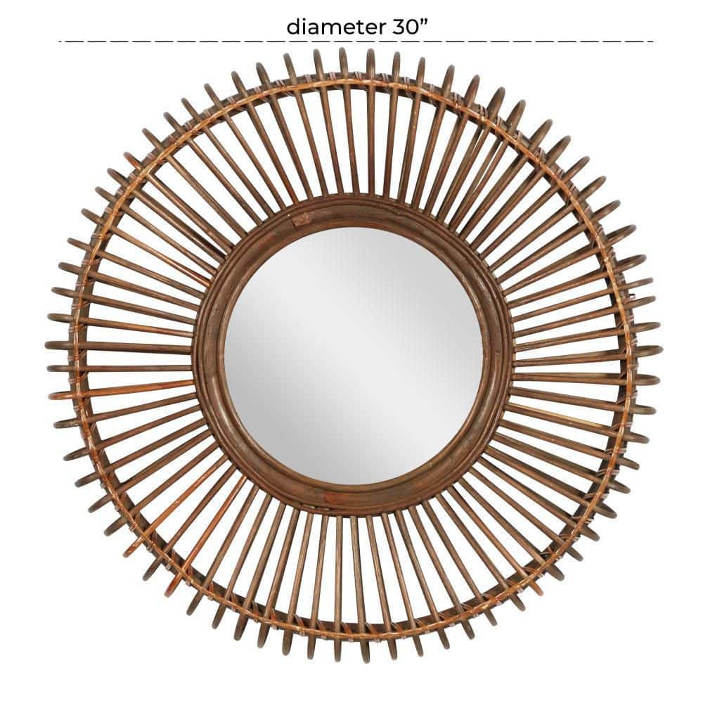 Sunburst Boho Chic Round Wall Mirror in Warm Brown Wood