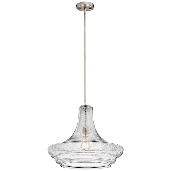 KICHLER Everly 15.5 in. 1-Light Brushed Nickel Transitional Shaded Kitchen Pendant Hanging Light with Clear Seeded Glass
