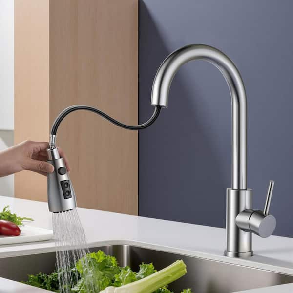 Single-Handle Pull Down Sprayer Kitchen Faucet with Deck Plate in Brushed Nickel