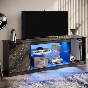 58.3 in. Black Marble Gaming TV Stand for TVs up to 65 in. with Storage Cabinet and LED Lighted Glass Shelves