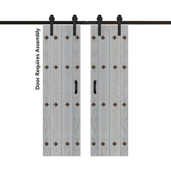 ISLIFE Mid-Century New Style 48 in. x 84 in. French Gray Finished Solid Wood Double Sliding Barn Door with Hardware Kit
