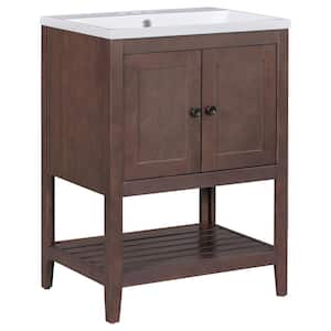 OSS 24 in. W x 18 in. D x 33 in. H Bathroom Vanity Desk in Brown with Open Style Shelf and Pure White Ceramic Sink Top