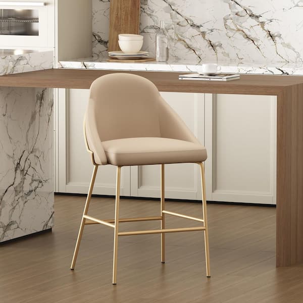 Gracie 26 in. Modern Tan and Gold Metal Frame Counter Height Bar Stool with Faux Leather Upholstered Seat