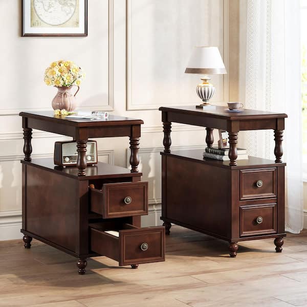 Vintage Brown 2-Drawer 11.8 in. W x 23.62 in. D Solid Wood Nightstand with Shelf, Beside Table for Bedroom (Set of 2)