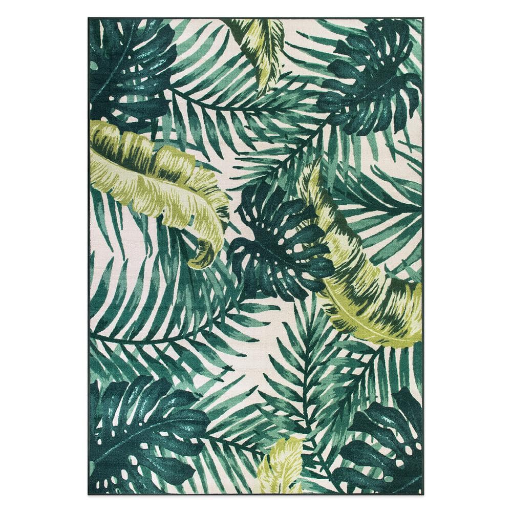 Large Green and White Synthetic Tropical Floral Area Rug