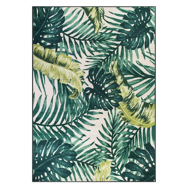 Contemporary Tropical Green 7 ft. 10 in. x 10 ft. Floral Leaves Non Slip Area Rug