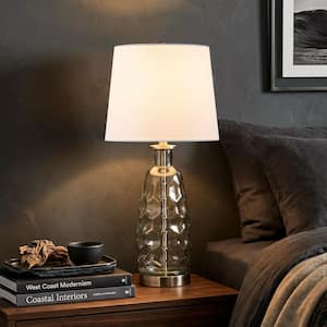 23.5 in. Clear Glass Table Lamp with Textured Base and White Fabric Shade