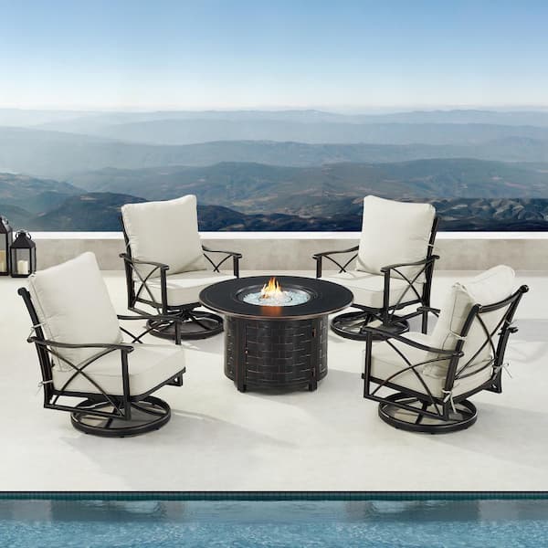 Oakland Living Black Aluminum Fire Table Set with 4-Club Chairs