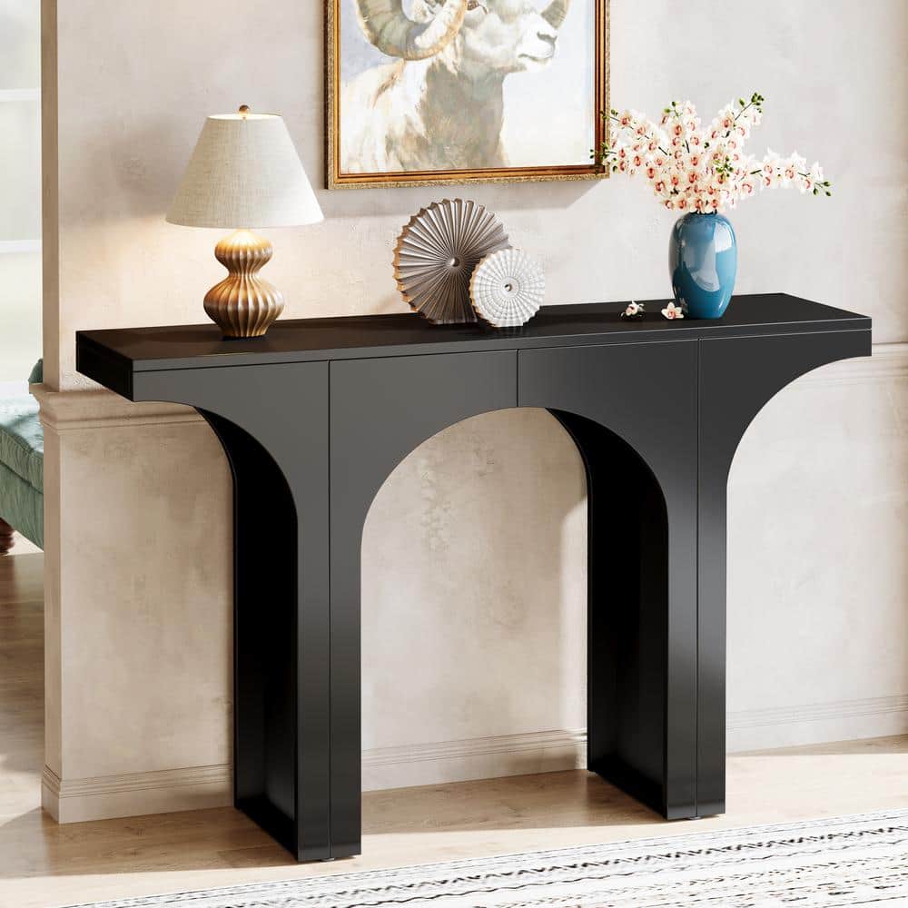 Black Wood 47-Inch Console Table with Arched Base