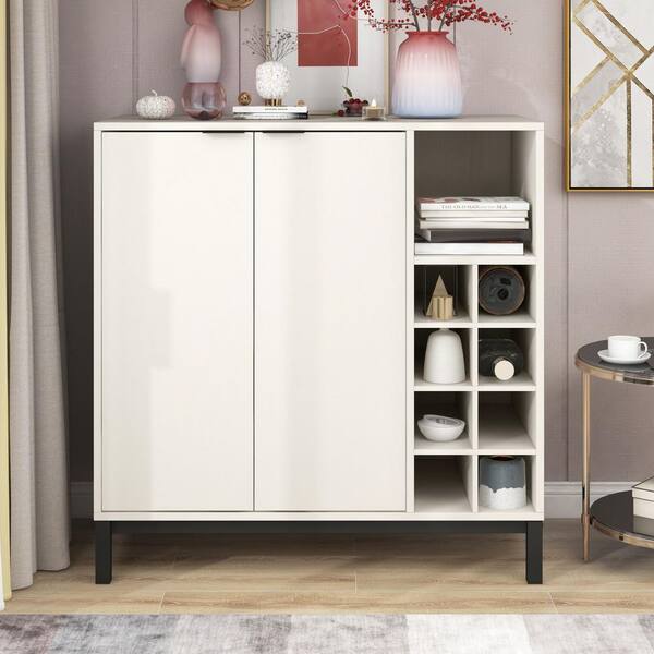 34 in. K and K White Sideboards and Buffets w/ Storage Coffee Bar Cabinet Wine Racks Storage Server Dining Room Console