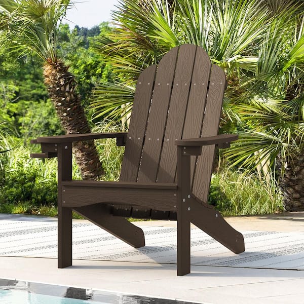 LUE BONA Dark Brown Adirondack Chairs with Cup Holder for Fire Pit and Garden