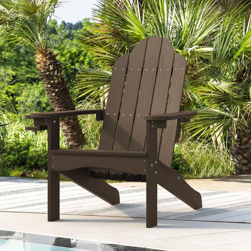 LUE BONA Dark Brown Adirondack Chairs with Cup Holder for Fire Pit