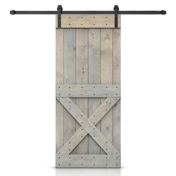 CALHOME Mini X 32 in. x 84 in. Smoke Gray Stained DIY Wood Interior Sliding Barn Door with Hardware Kit