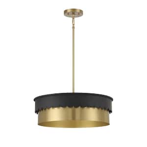 Meridian 20 in. W x 7 in. H 4-Light Matte Black and Natural Brass Statement Pendant Light with Metal Shade