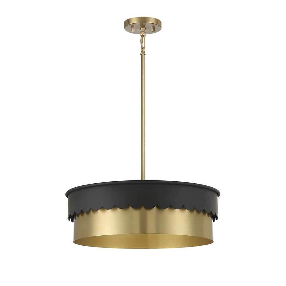 Contemporary Matte Black and Brass 4-Light Drum Pendant