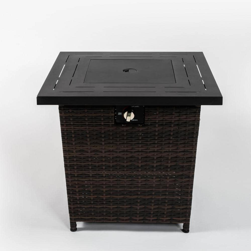 28 in. Brown Square Wicker Outdoor Fire Pit Table, 40000BTU with Steel Tabl