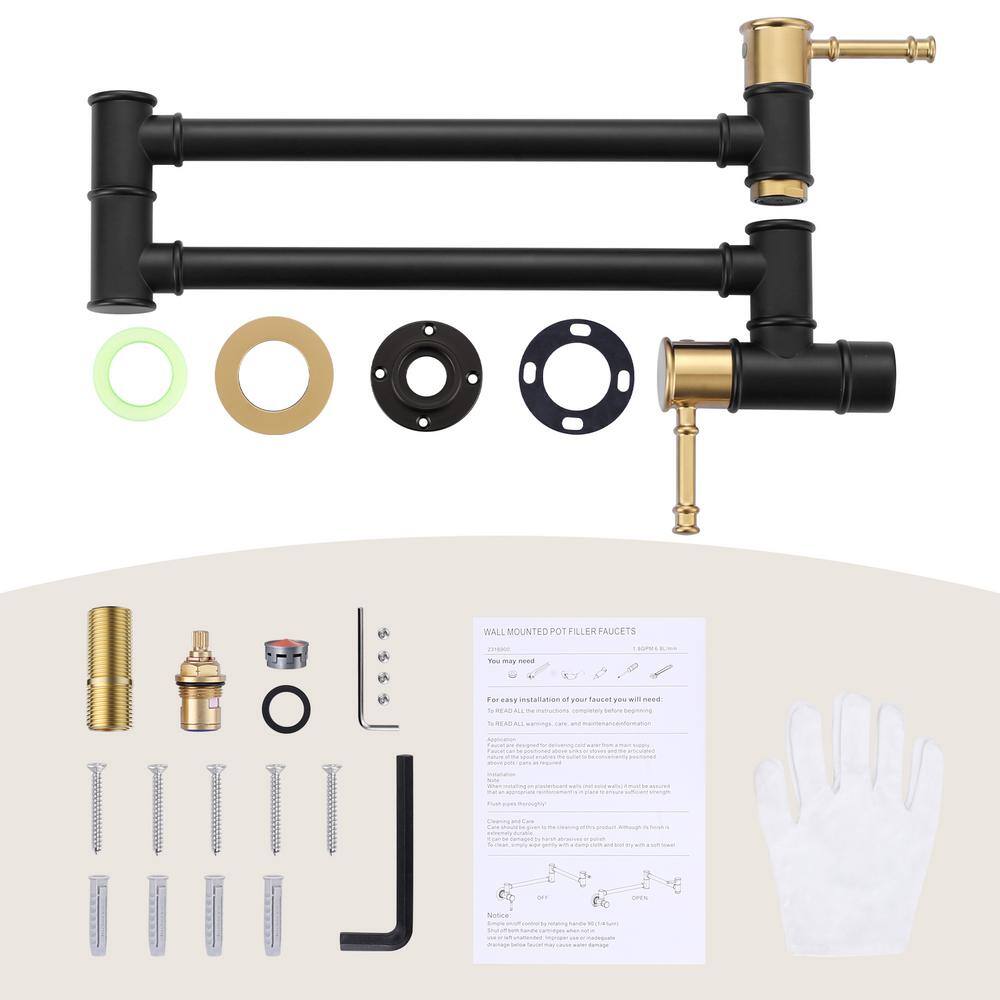 Black and Gold Brass Wall Mount Folding Pot Filler Faucet