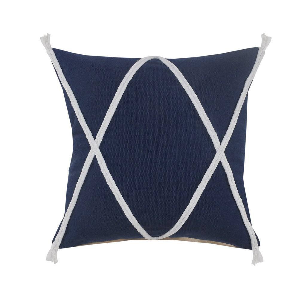 Loop Navy Blue/White Geometric Braided Tasseled Soft Poly-Fill 20 in. x 20 