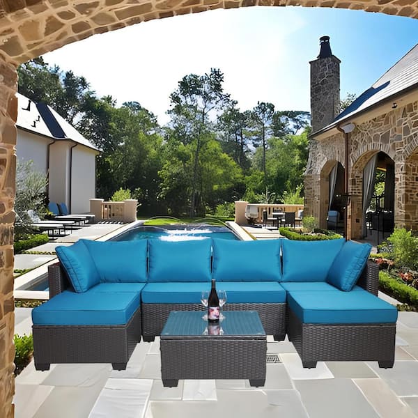 Unbranded 7-Piece Wicker Outdoor Sectional Set, Patio Couch Set with Blue Cushions and Coffee Table for Backyard Events