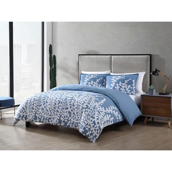 City Scene Branches 2-Piece Blue Floral Cotton Twin Duvet Cover Set