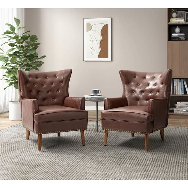 JAYDEN CREATION Minerva Vegan Leather Brown Armchair with Nailhead Trim (Set of 2)
