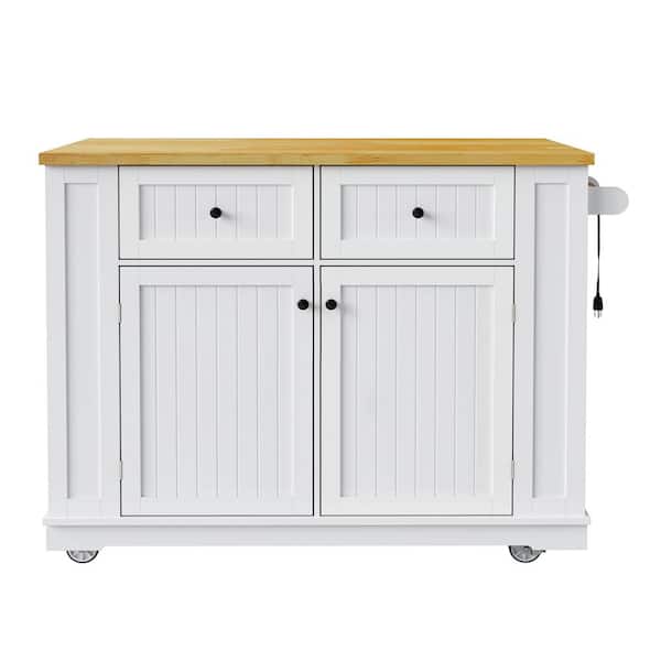 Ziyudura 2 Bar Stools White Drop Leaf Wood Top 48 in. Kitchen Island Cart with AC Power Outlets, USB Ports & Silent Hidden Wheels