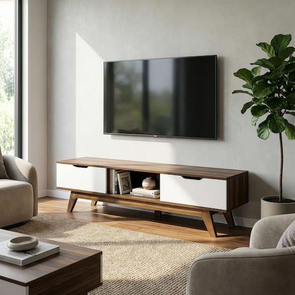 Anoki 63 in. Walnut and White Wood TV Stand with 2 Drawer Fits TVs Up to 96 in. with Cable Management
