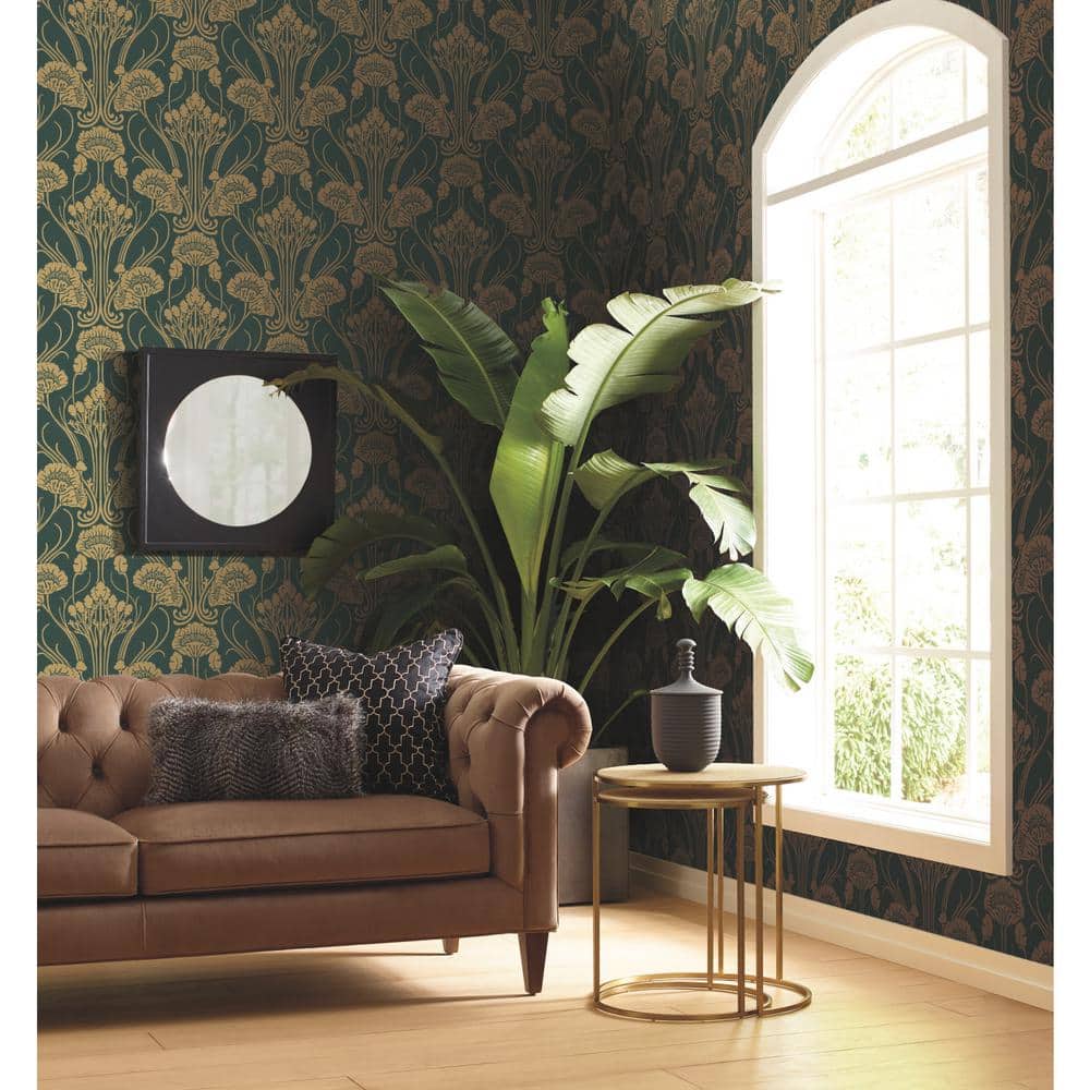 Dark Emerald and Gold Non-Woven Damask Wallpaper Roll