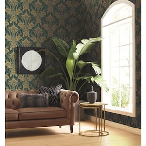 Green Nouveae Damask Paper Unpasted Matte Wallpaper (27 in. x 27 ft.)