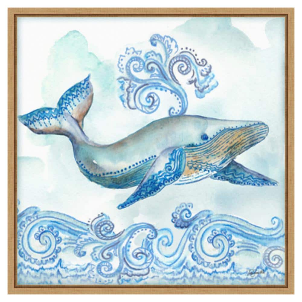 Boho Shells II Whale Blue Canvas Print with Maple Frame