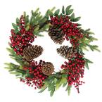 22 in. Unlit Artificial Pine Cone Red Berry and Pine Sprig Christmas Wreath