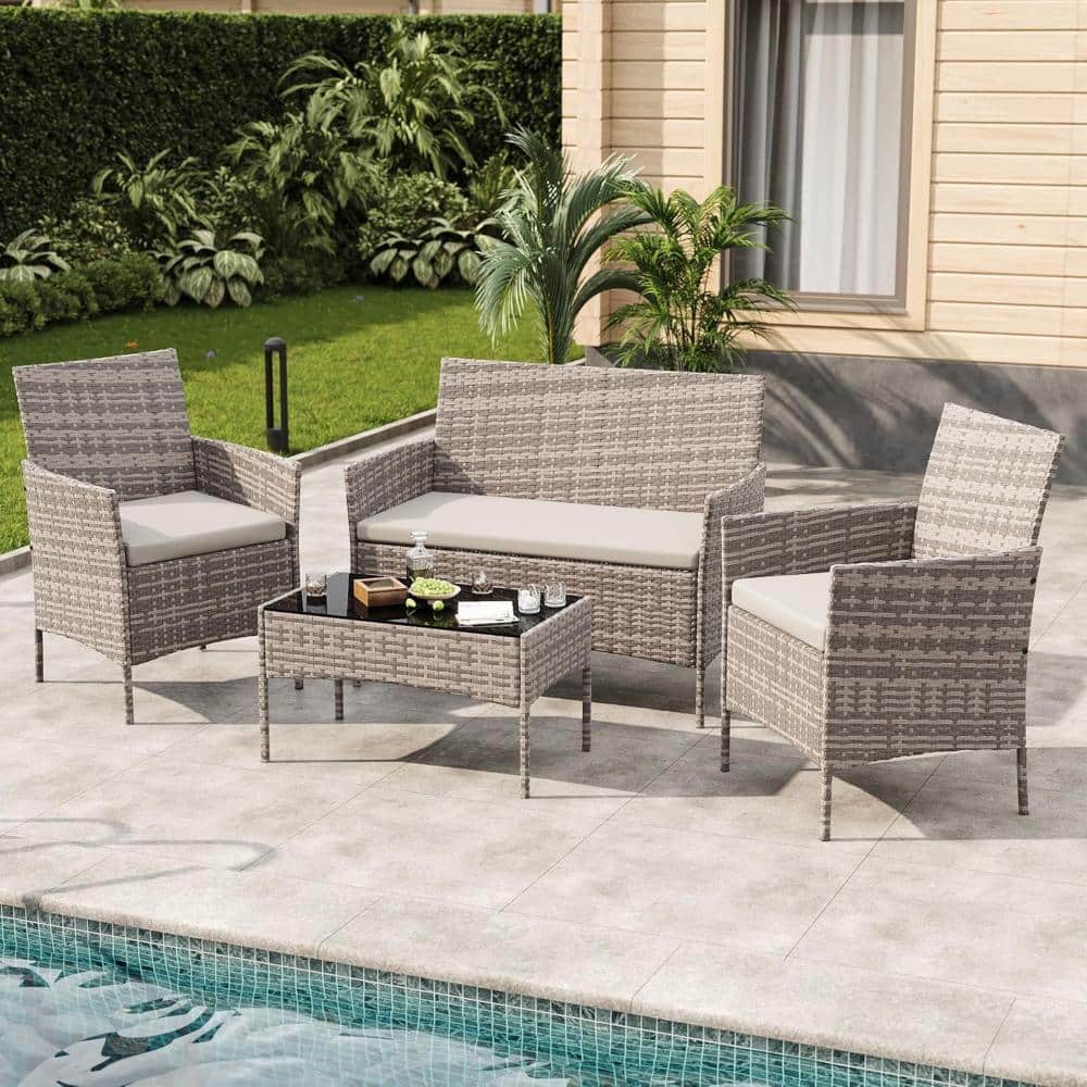 4-Piece Outdoor Furniture Set, PE Rattan Wicker Chairs with Soft Cushions & Tempered Glass Coffee Table price history on PriceWatchPro