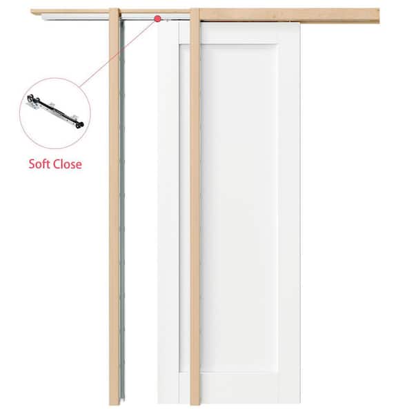 TENONER 24 in. x 80 in. White Primed Solid Wood 1-Panel Core Sliding Pocket Door with Soft Close, Frame and Hardware Kit Set