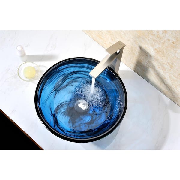 ANZZI - Thalu Series 17 in. Bathroom Vessel Sink with Scratch-Tough and Stain-Resistant Surface in Sapphire Wisp Glass