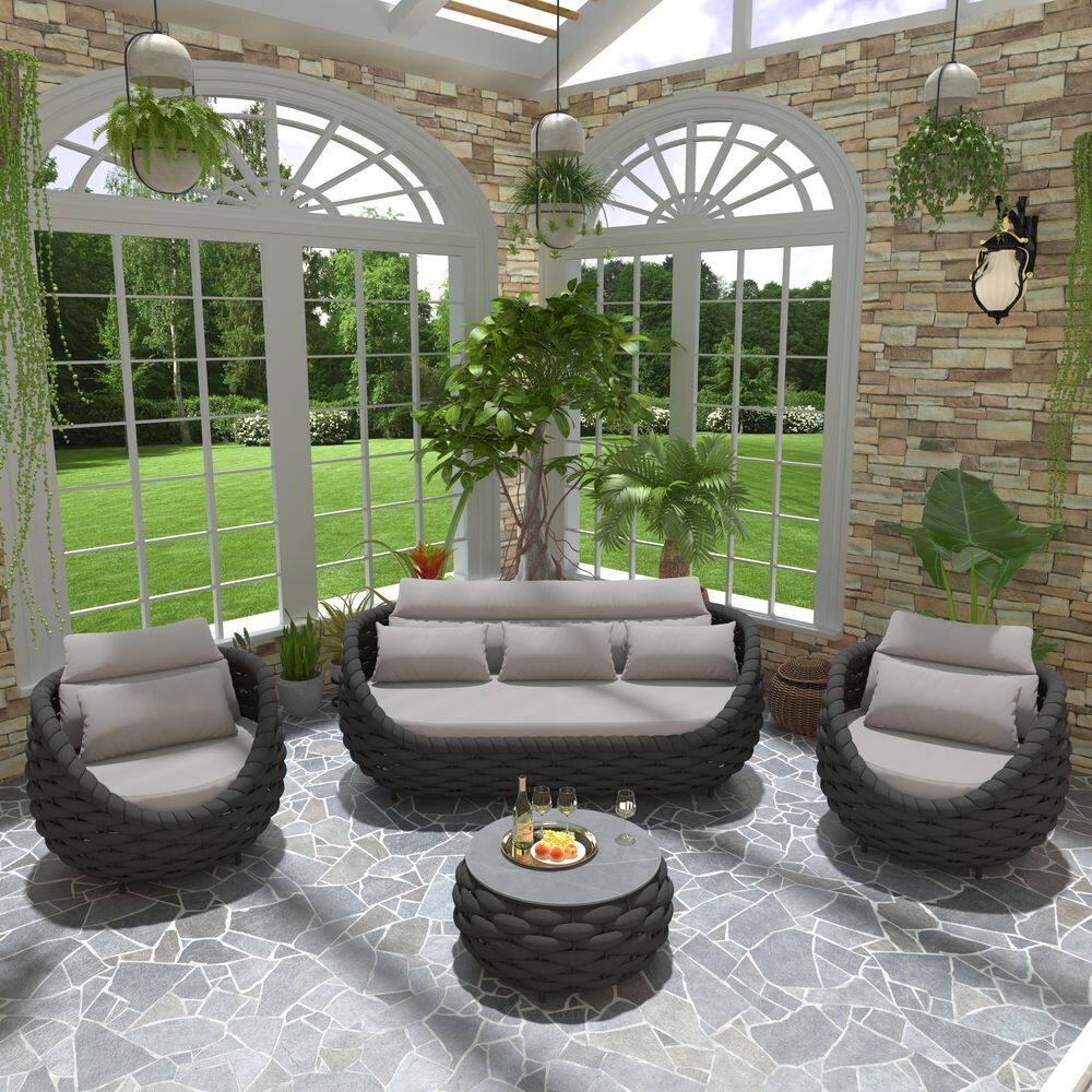 Black Aluminum 4 Piece Woven Rope Patio Outdoor Sectional Sofa Set 3-Seater Sofa with Gray Cushions price history on PriceWatchPro