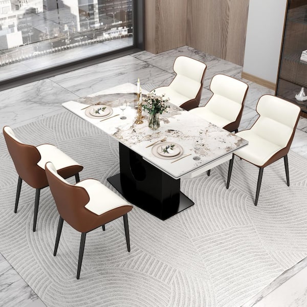 63 in. to 94 in. Rectangle Modern Pandora Sintered Stone Extendable Pedestal Dining Table Stainless Steel Base Seats 10
