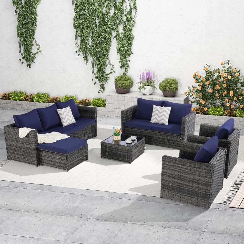6 Piece Wicker Patio Conversation Set with Blue Cushion, All Weather Patio 