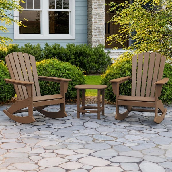POLYWOOD Grant Park Teak 3-Piece HDPE Plastic Adirondack Outdoor Rocking Chair Patio Conversation Set