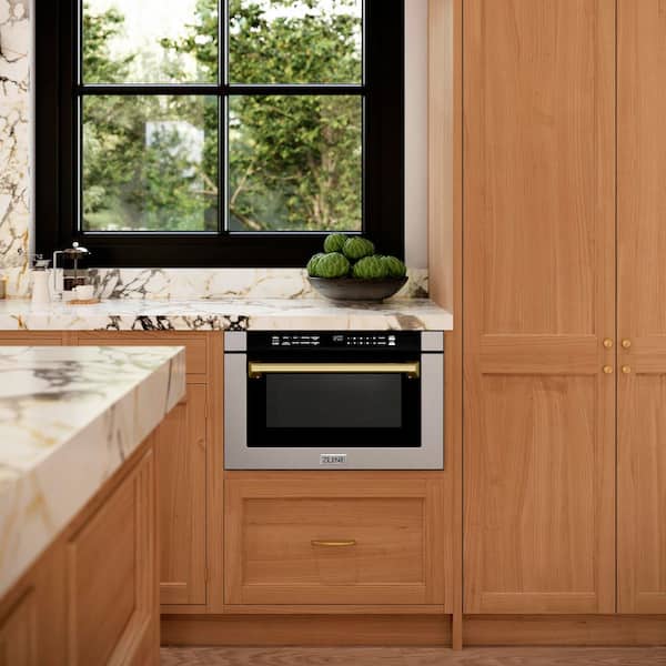 Autograph Edition 24 in. 1000-Watt Built-In Microwave Drawer in Stainless Steel & Traditional Champagne Bronze Handle