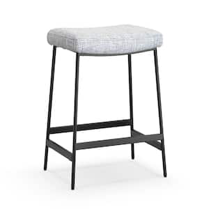 28 in. Gray Backless Metal Frame Saddle Seat for Kitchen Counter Bar Stool Chair with Libby Linen Thick Cushion (2 Sets)