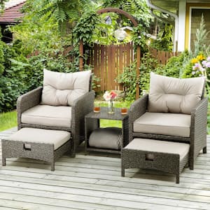 5-Pieces Wicker Patio Furniture Set Outdoor Patio Chairs with Ottomans, Gray Cushions