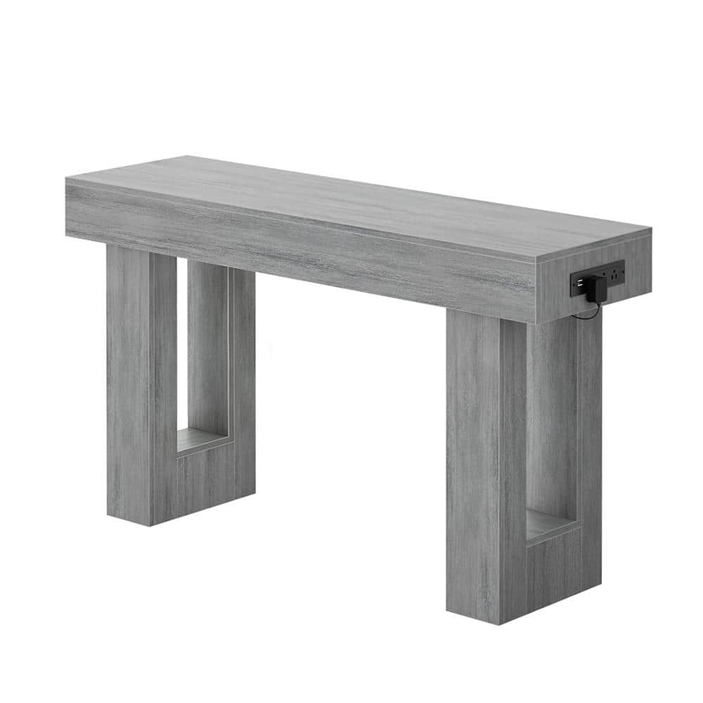 Farmhouse 47 in. White Oak Narrow Console Table with Socket, Sensor Light and Open Storage