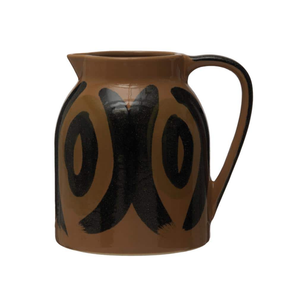 Hand-Painted Brown and Black Stoneware Pitcher with Handle