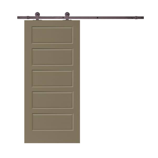 CALHOME 30 in. x 80 in. Olive Green Stained Composite MDF 5 Panel Interior Sliding Barn Door with Hardware Kit