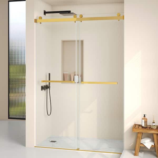 48 in. W x 76 in. H Double Sliding Frameless Shower Door in Gold with Smooth Sliding and 5/16 in. (8 mm) Glass